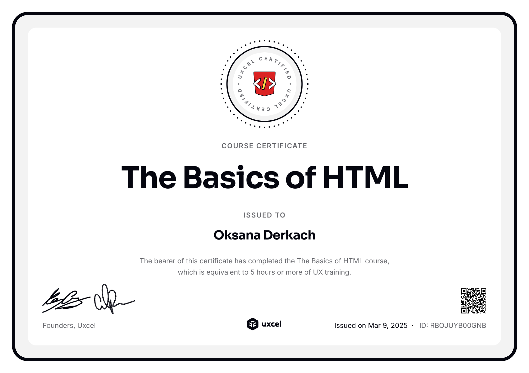 Oksana Derkach's certificate